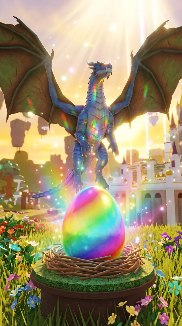 Majestic blue dragon with wings spread above the rainbow egg
